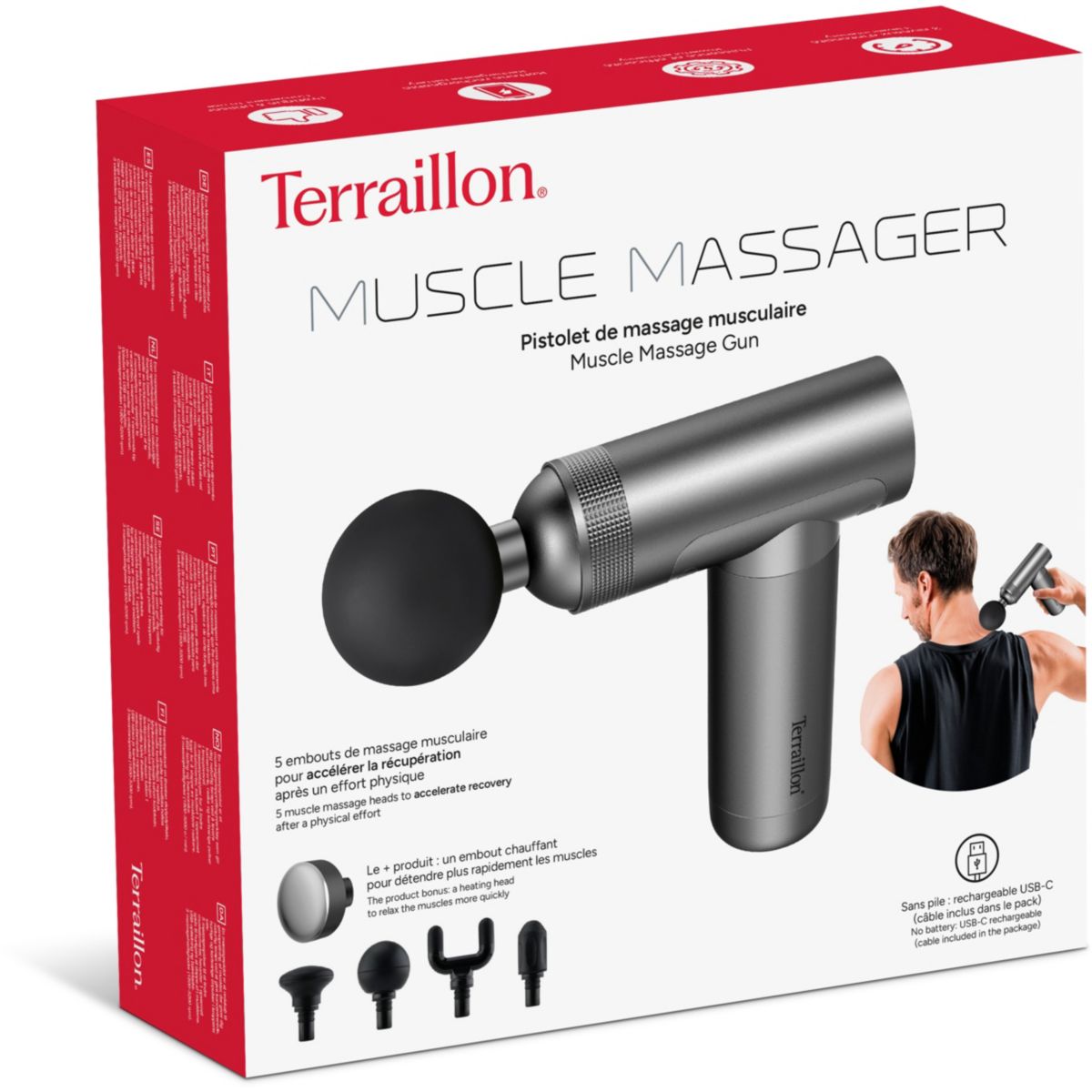 Pistolet de massage 5 embouts gris, TERRAILLON