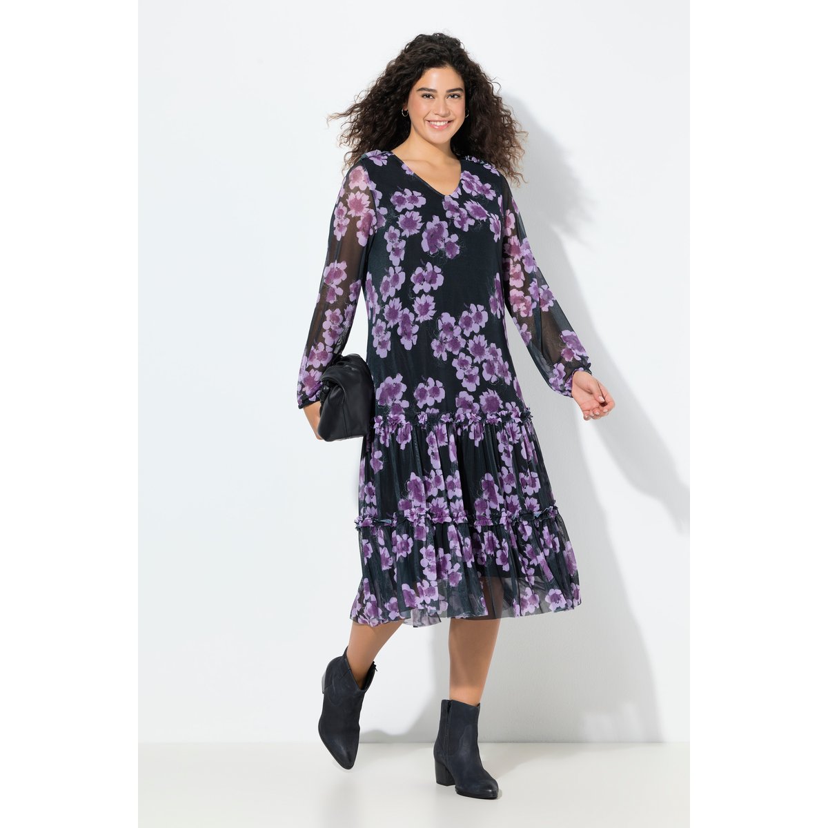 Robe midi doublée, imprimé fleurs aubergine, ULLA POPKEN