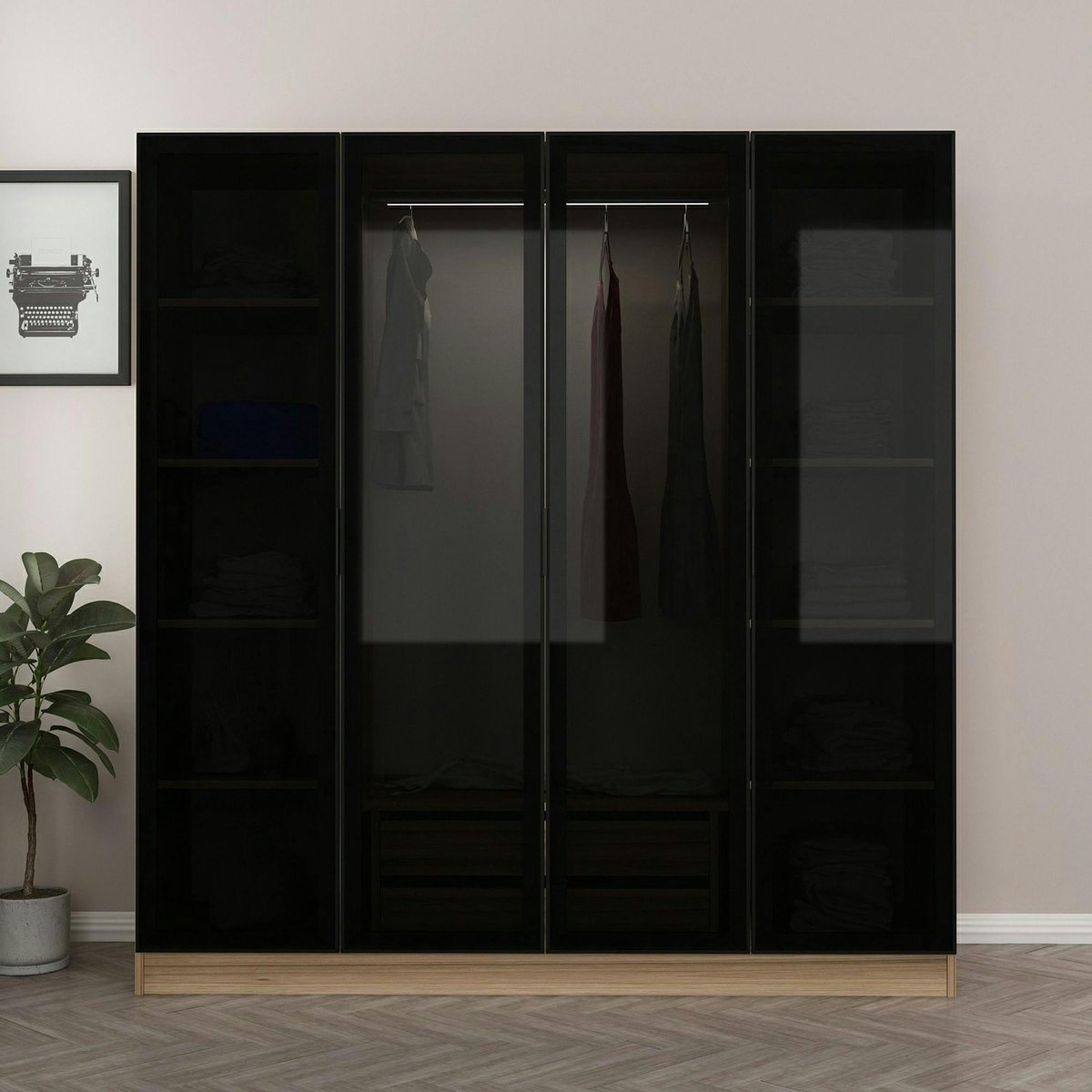 Armoire dressing 4 portes vitrées BYRON chêne, PIER IMPORT