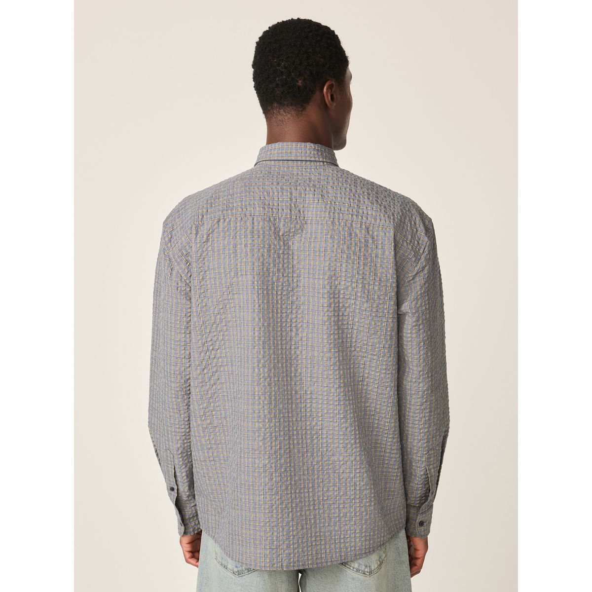 Chemise manches longues vichy en seersucker bleu indigo, NEXT
