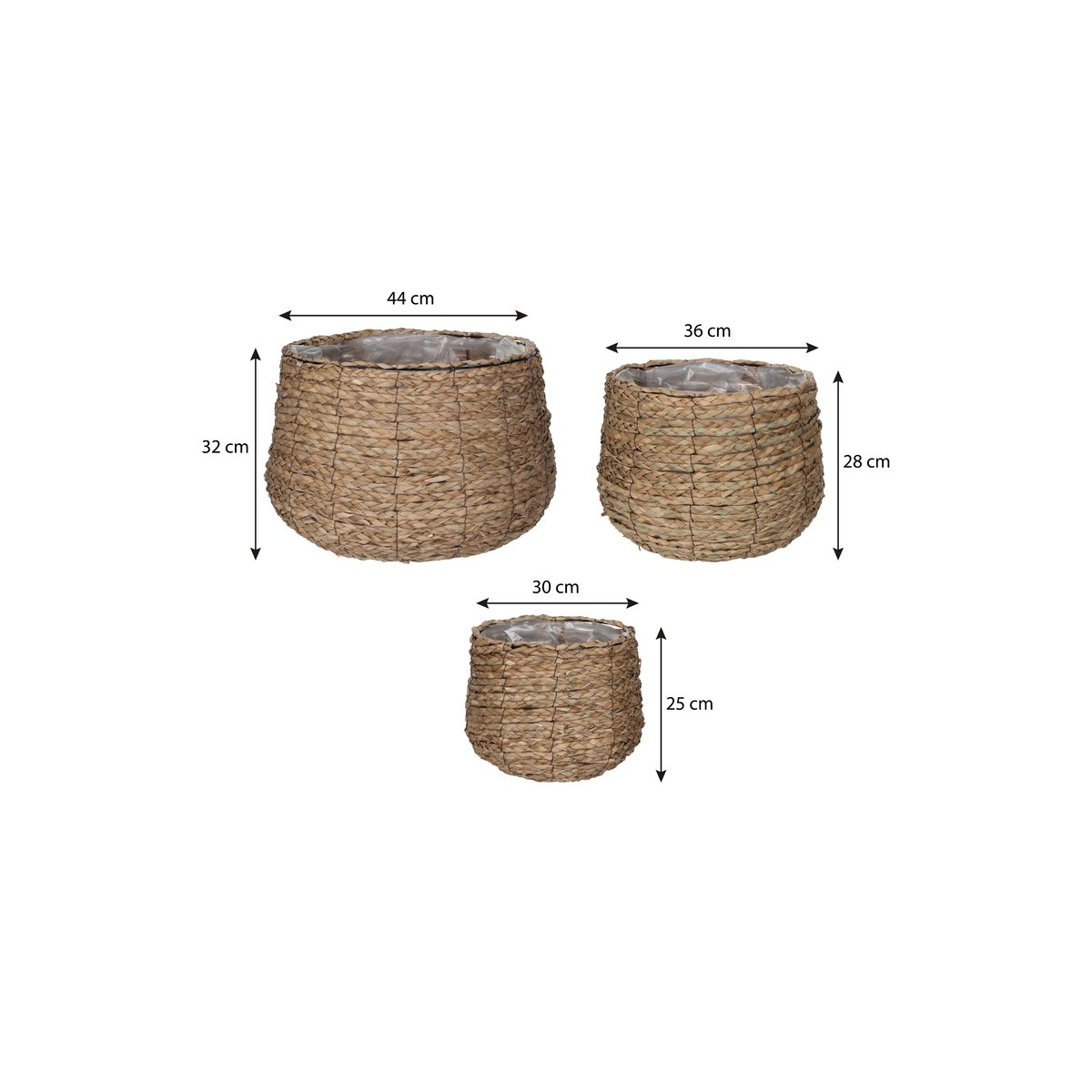 Ensemble de 3 paniers à plantes en jonc de mer tressé Ø44 cm AVALON marron clair, MICA DECORATIONS