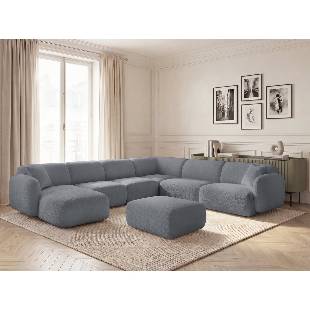 Canapé modulable 6 places en tissu chenille, ANDA gris, BOBOCHIC