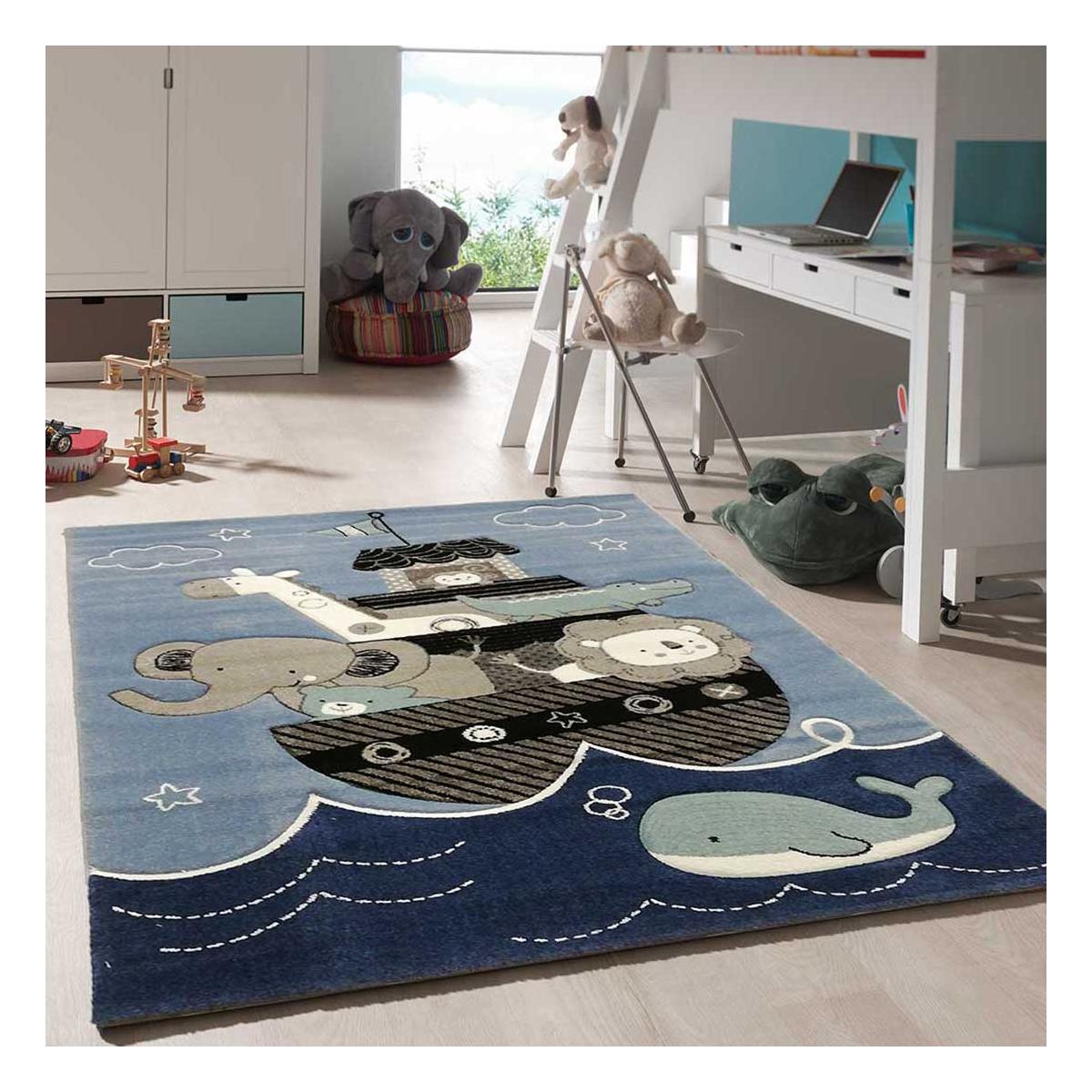 Tapis enfant tissé motif animaux ETELDA bleu, UN AMOUR DE TAPIS