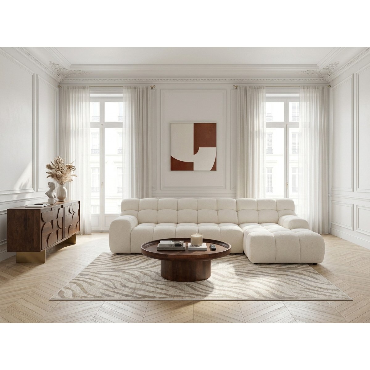 Canapé d'angle convertible 3 places en tissu texturé, ANDRE blanc, BOBOCHIC