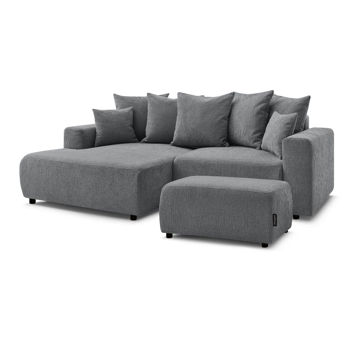 Canapé d'angle convertible 5 places en tissu texturé avec pouf, ATILLA gris foncé, BOBOCHIC