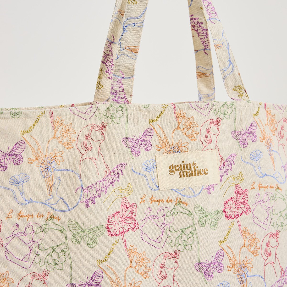 Tote bag imprimé fantaisie blanc cassé ecru, GRAIN DE MALICE