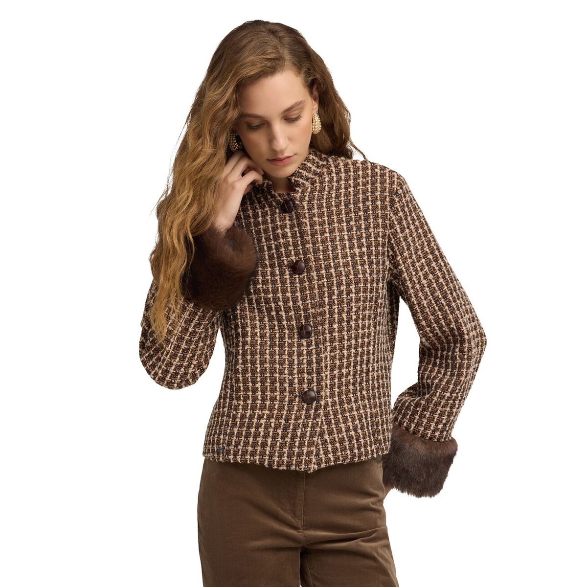 Veste courte à motif check marron, MOTIVI