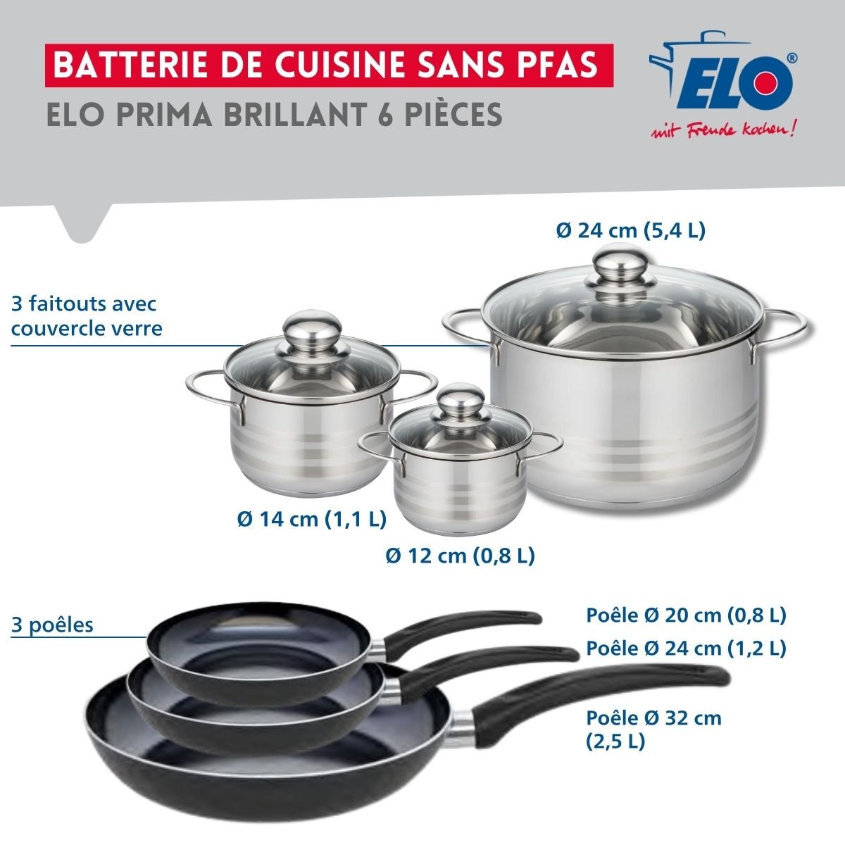 3 poêles 20/24/32cm + 3 faitouts 12/14/24cm PRIMA BRILLANT noir, ELO