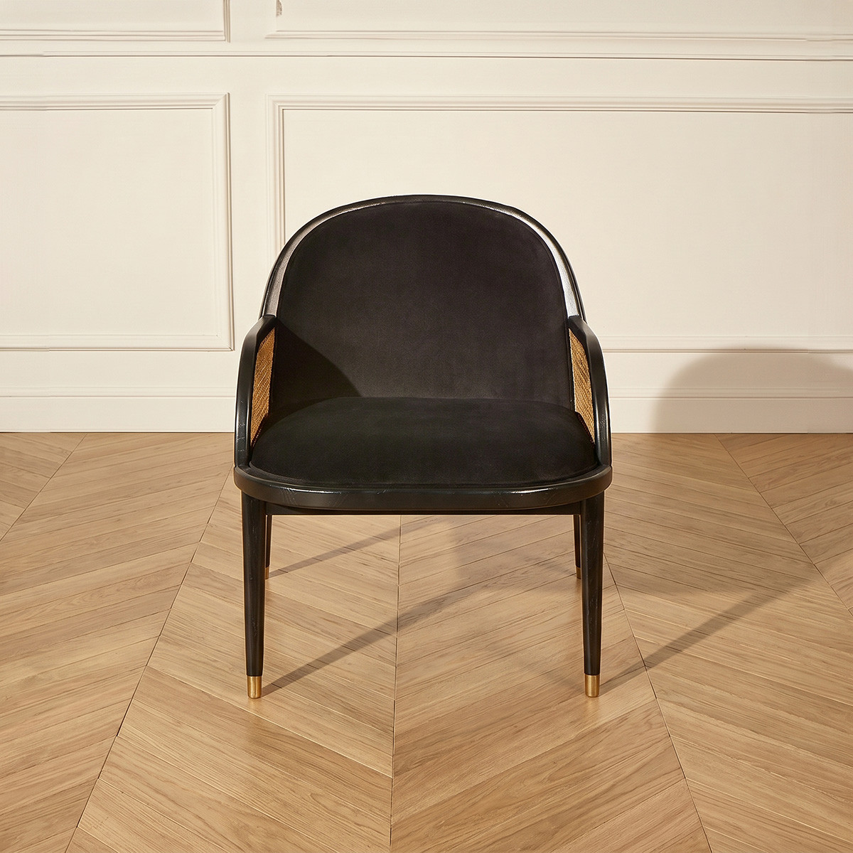 Fauteuil en chêne, cannage et velours MARCEL noir, ROBIN DES BOIS