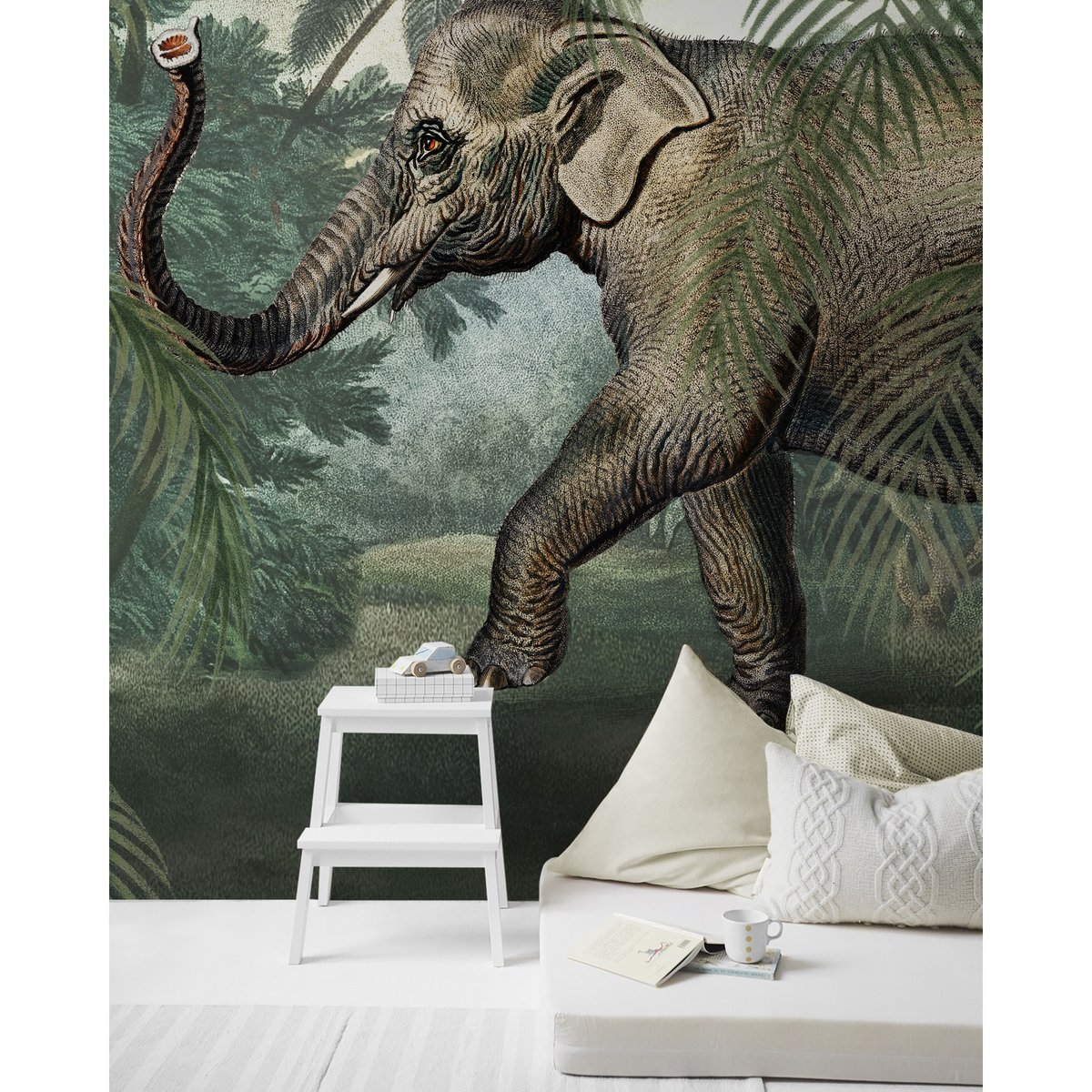 Papier peint panoramique Eléphant vert, marron grisé, ART FOR THE HOME