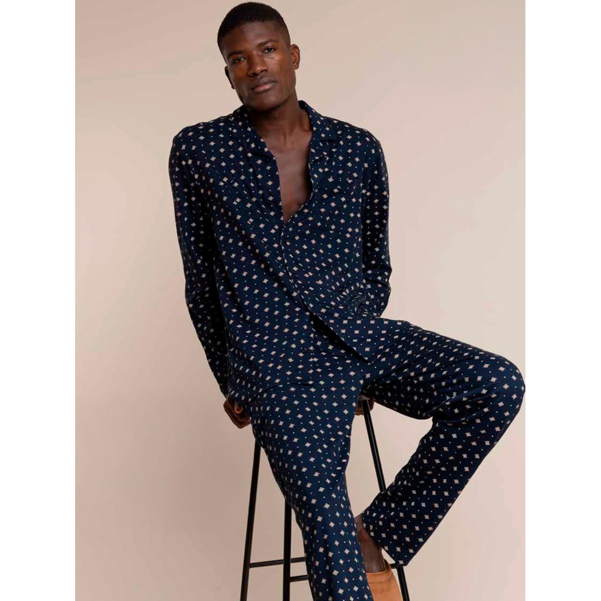Pyjama pantalon chemise manches longues Classic Tie bleu marine, ADMAS