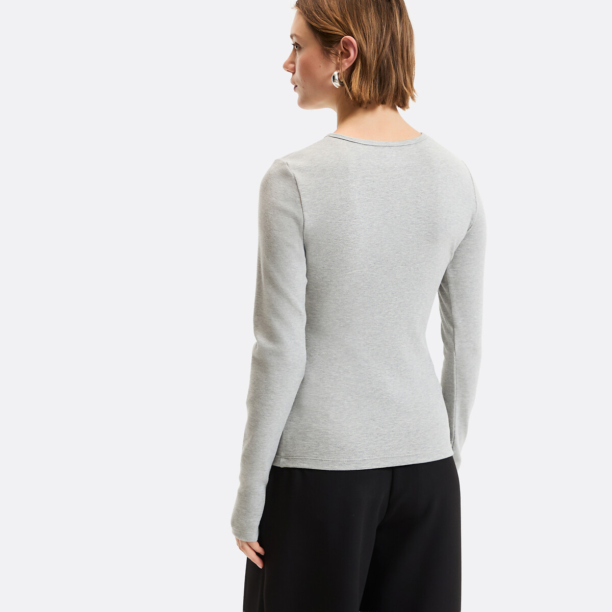 T-shirt col tunisien, manches longues gris chiné, LA REDOUTE COLLECTIONS