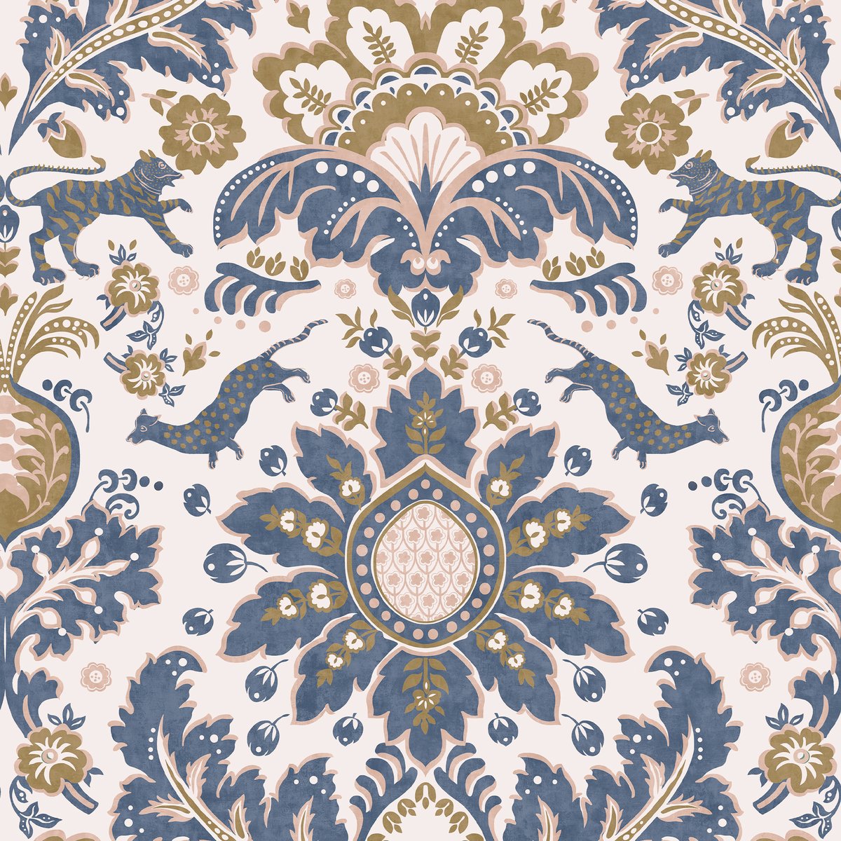 Papier peint damassé fleuri luxuriant bleu, rose, ocre, JOULES