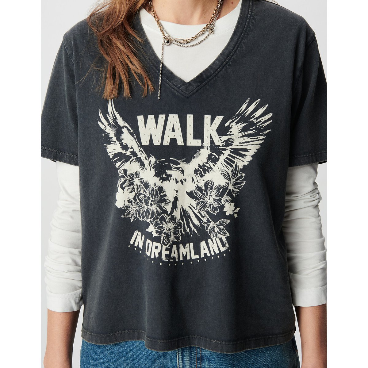 Bedrukt T-shirt met korte mouwen en V-hals zwart, IKKS