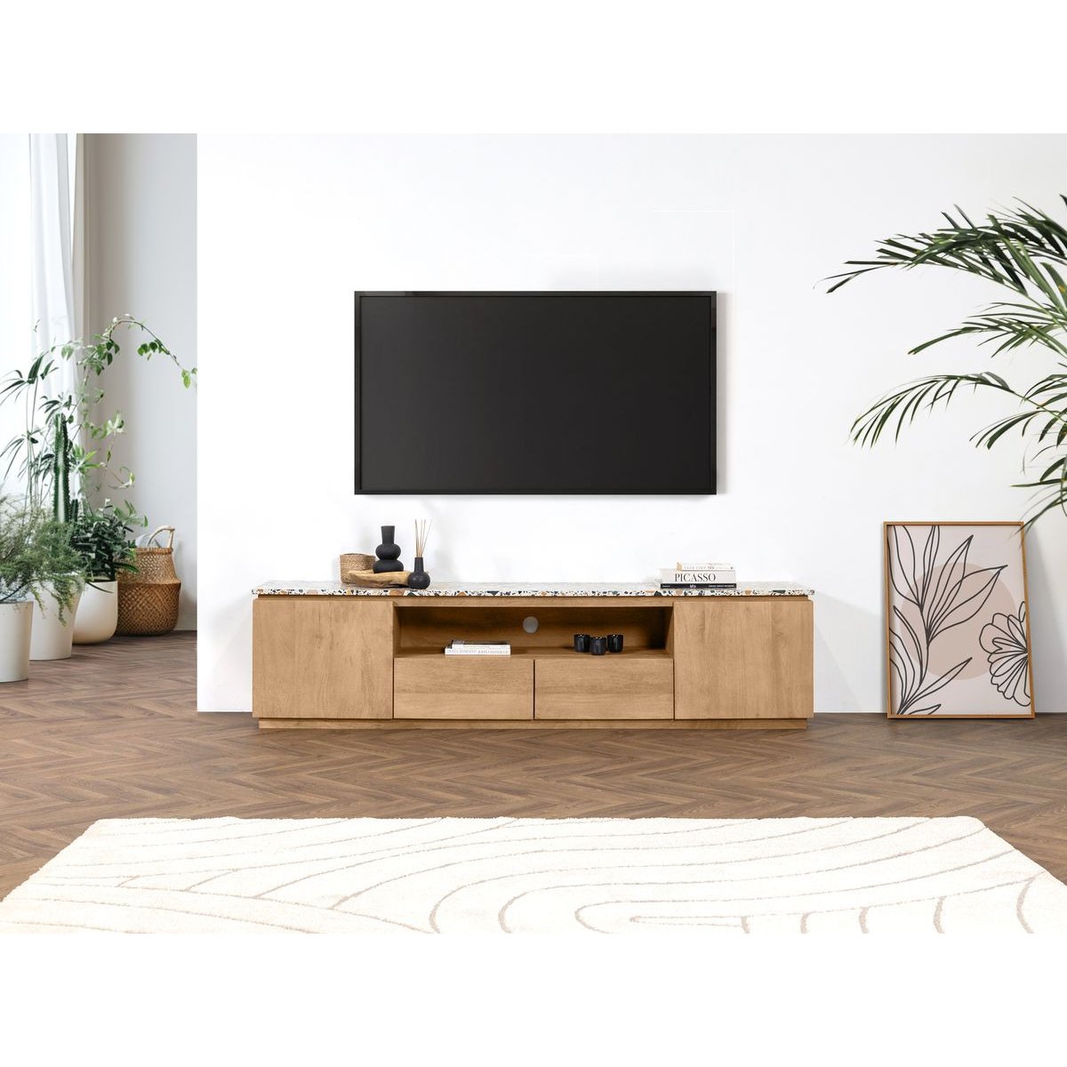 Meuble TV 200 cm bois massif, BARBARA marron clair, BOBOCHIC