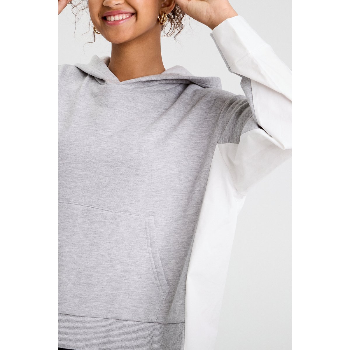 Sweat droit long à capuche gris clair, CACHE CACHE