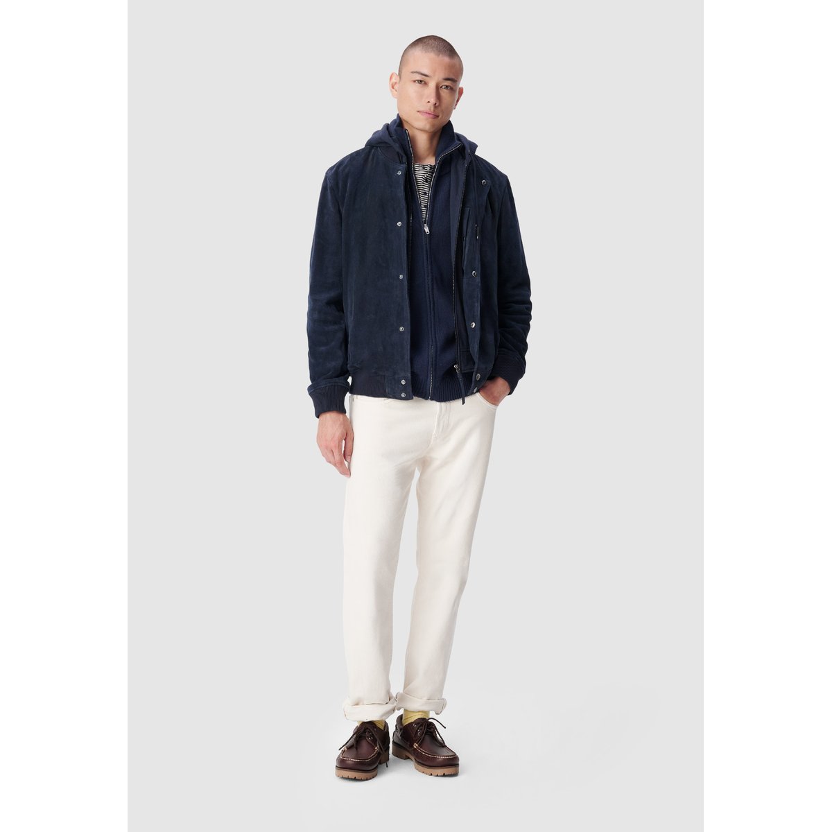 Blouson cuir velours capuche amovible bleu marine, IKKS