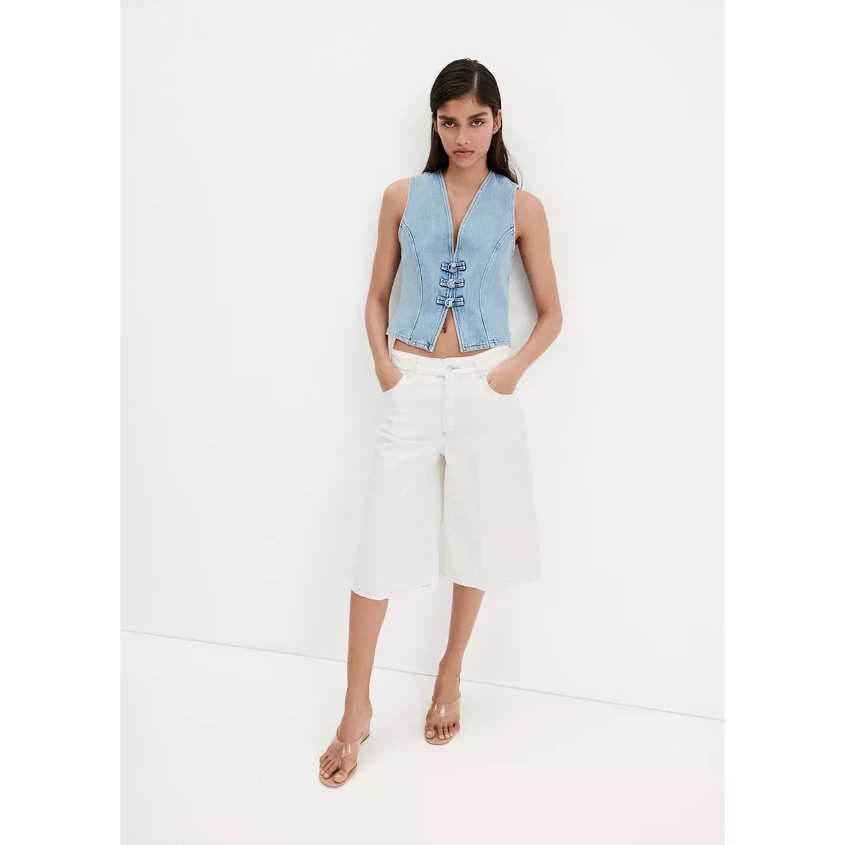 Top en denim à brandebourgs bleu moyen, MANGO