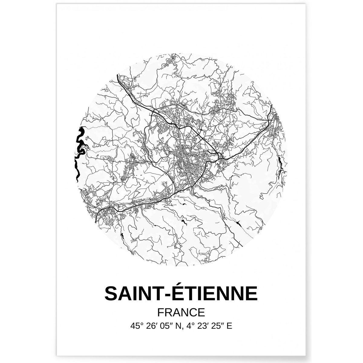 Affiche Carte Saint-Etienne blanc, L'AFFICHERIE