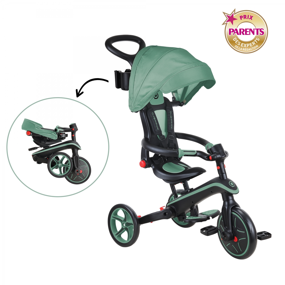 Tricycle EXPLORER 4-en-1 Évolutif et Pliable vert olive, GLOBBER