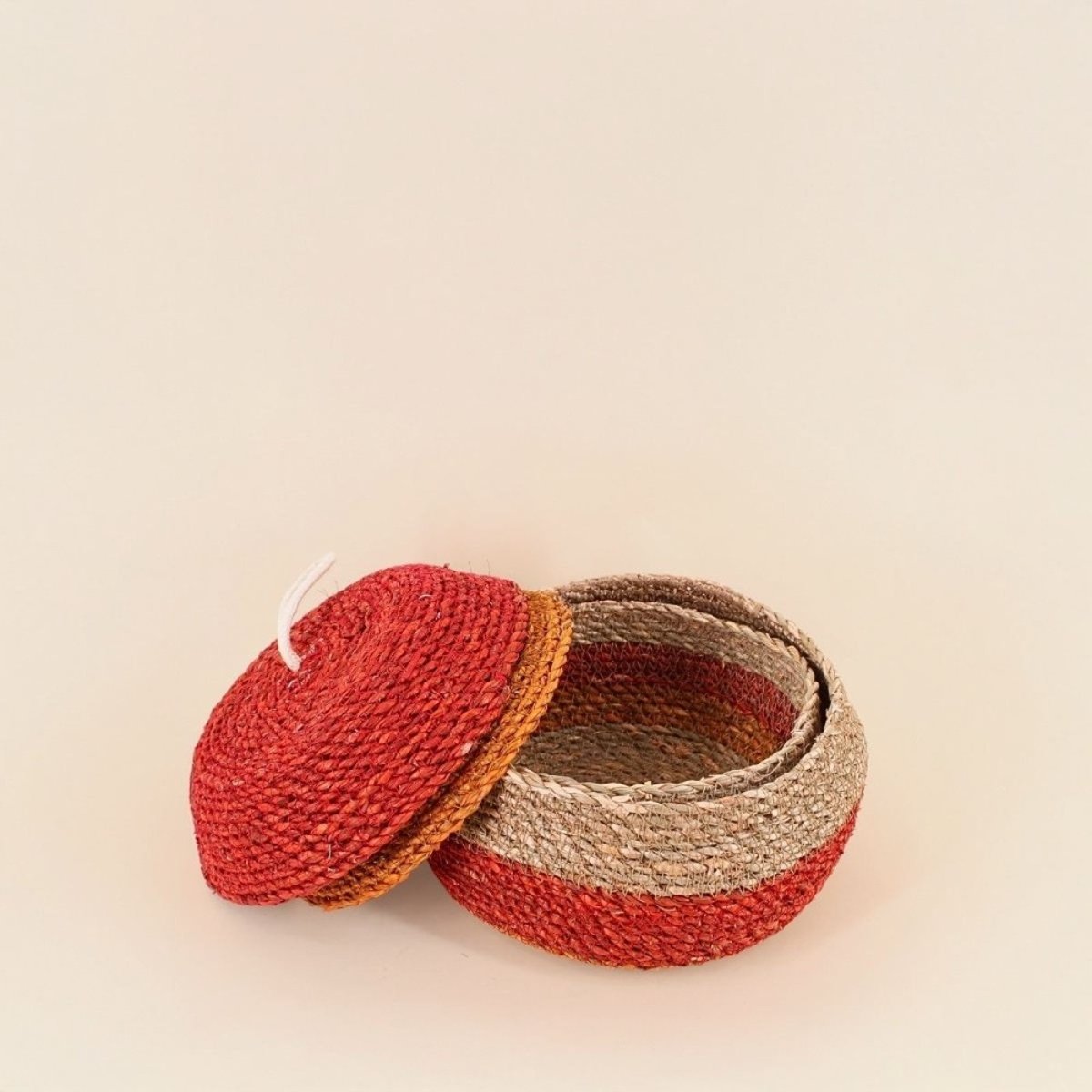 Lot de 2 paniers rayés à couvercle fibres naturelles rouge, naturel rouge, ORNAMI