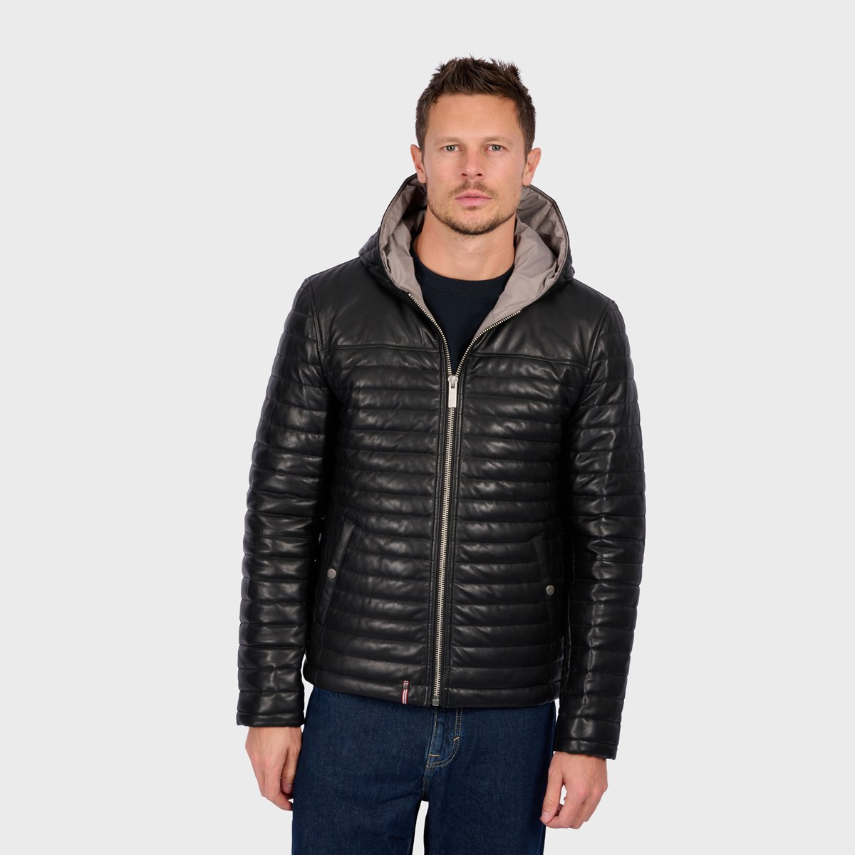 Doudoune en cuir avec capuche AURELIEN3 noir, OAKWOOD