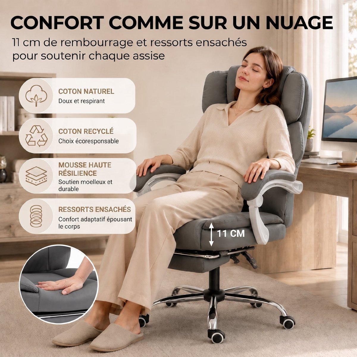 Chaise de bureau Cuir synthétique adapté aux gris, HOMCOM