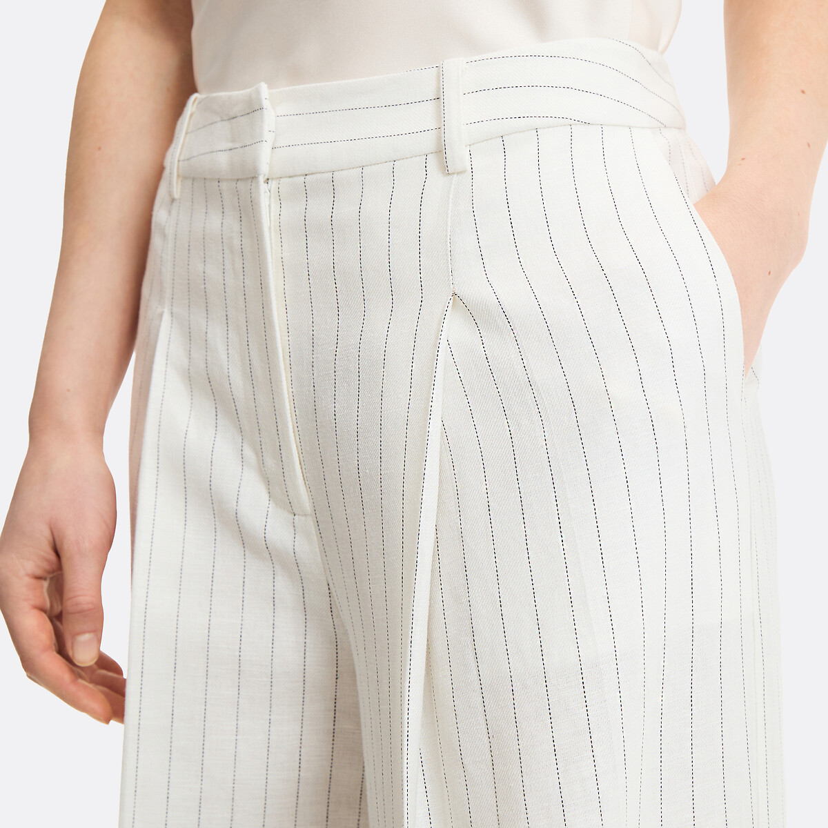 Pantalon large à pinces à rayures en lin et coton rayé ivoire/marine, LA REDOUTE COLLECTIONS