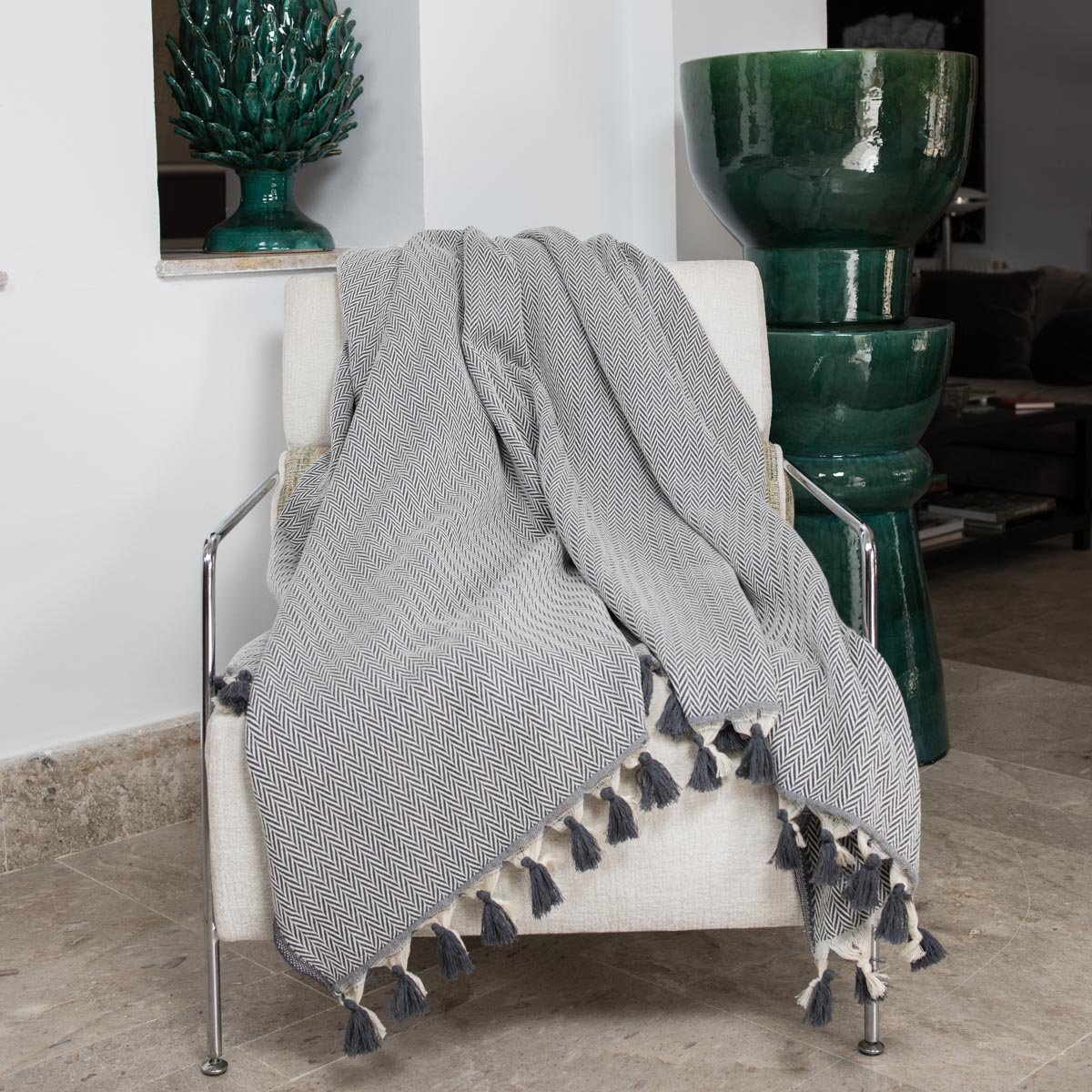 Plaid coton MEGEVE gris moyen, FEBRONIE