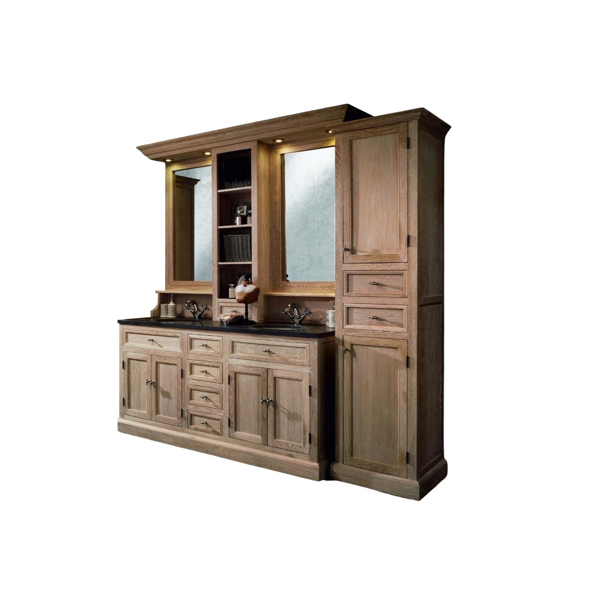 Meuble de salle de bain double vasque + 1 colonne D (ensemble) - VERONE bois clair, HELLIN, DEPUIS 1862