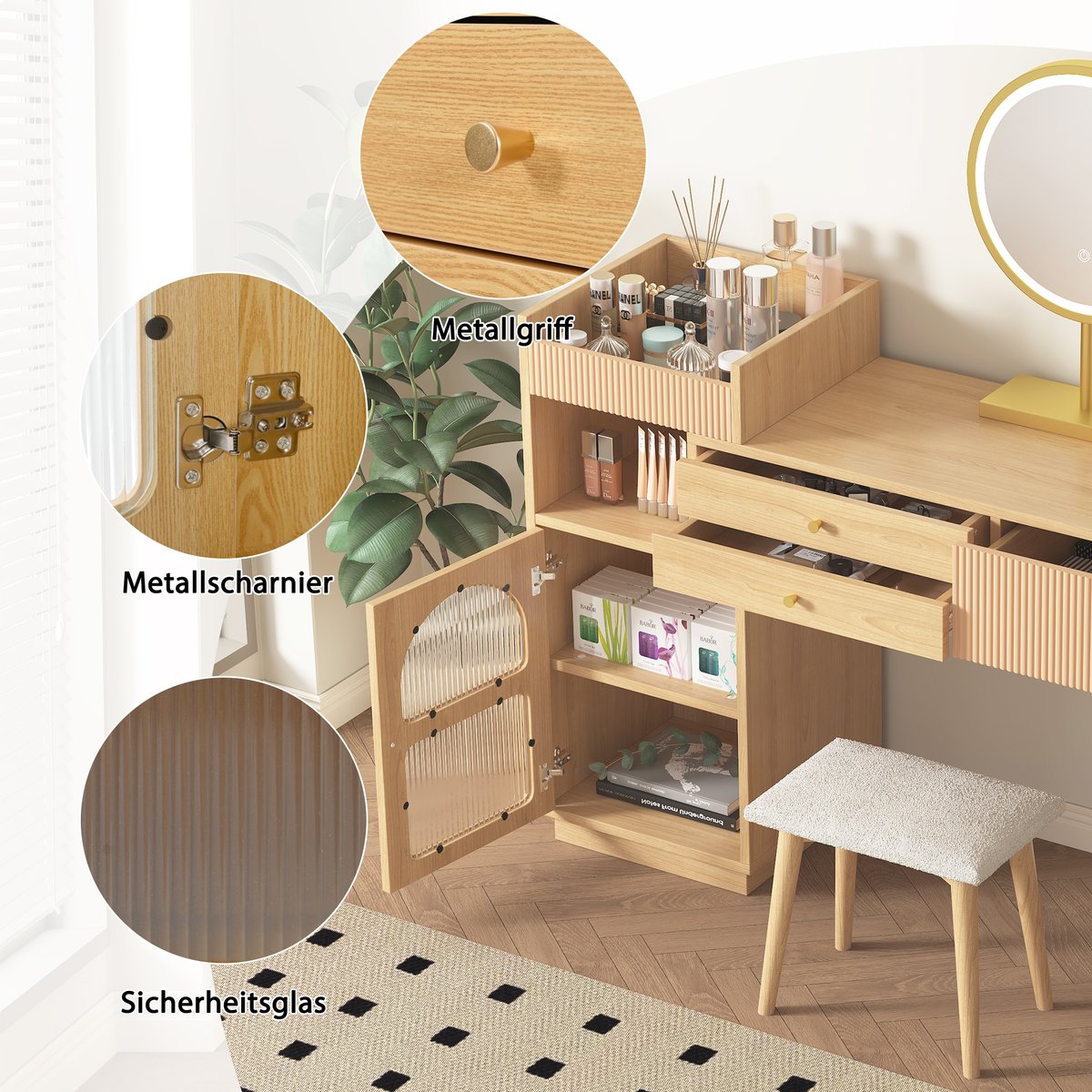 Coiffeuse table de maquillage avec 2 tiroirs 1 porte et 2 niches scandinave, ULTRAC chêne, MEUBLES COSY