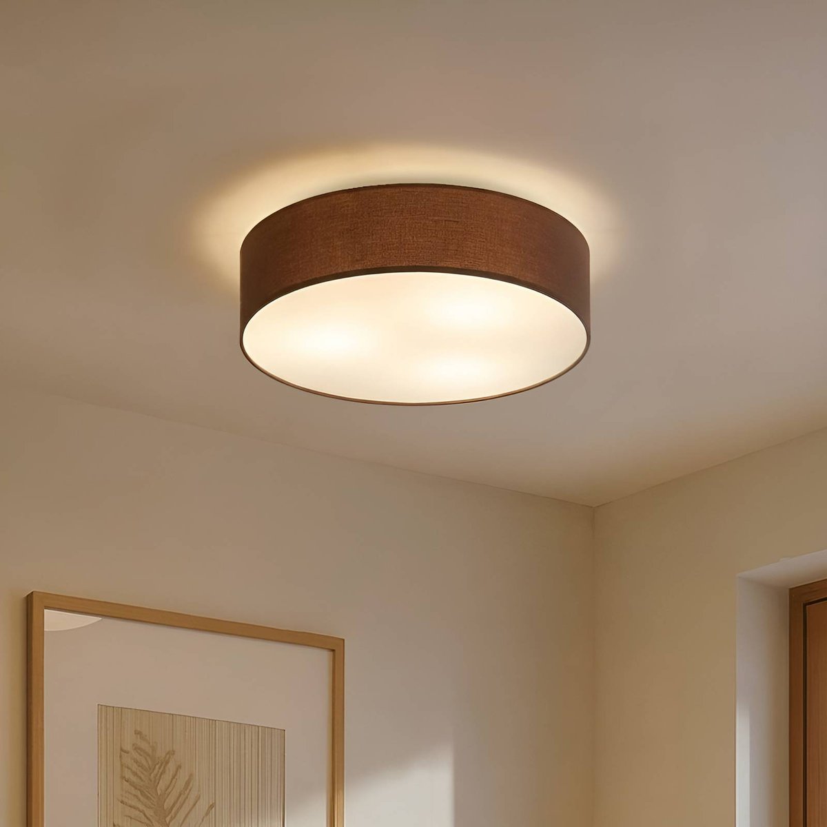 Plafonnier en textile moderne, Sebatin brun, blanc, nickel mat, LINDBY