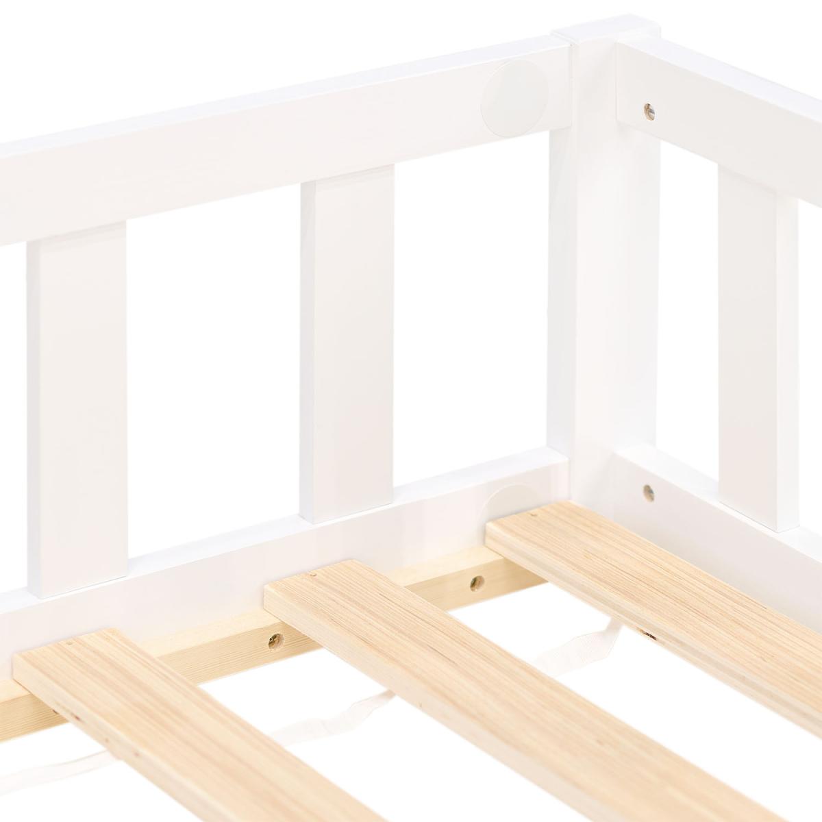 Lit enfant Montessori 90x200 cm blanc, bois massif, sommier, barrière, entrée réversible couleur unique, HOMESTYLE4U