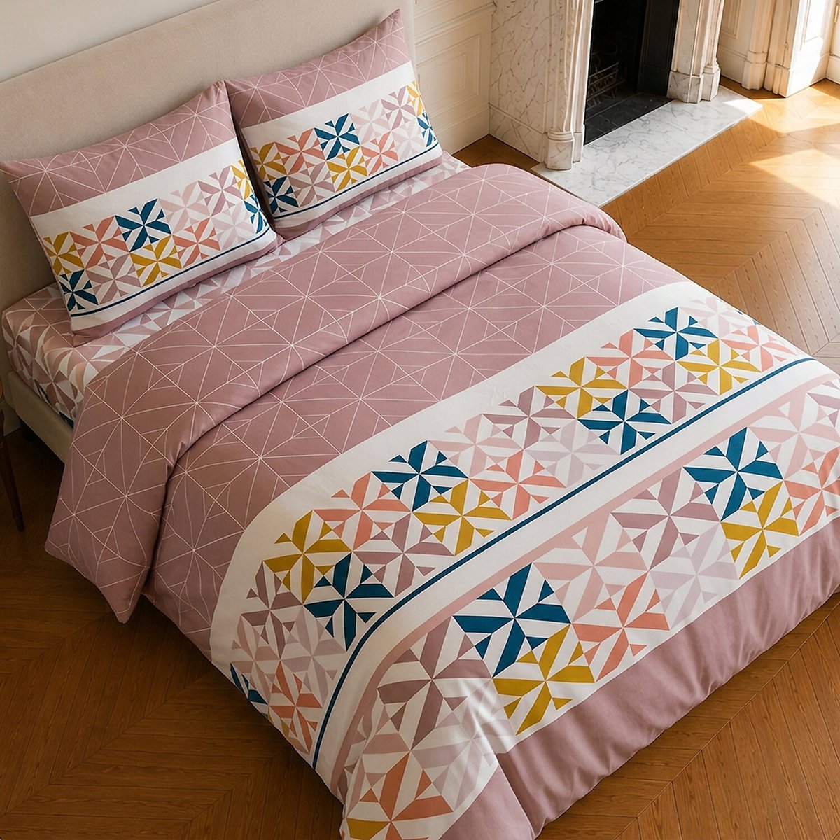 Parure de lit en coton motif géométrique, BLUEBERRY rouge, C DESIGN HOME TEXTILE