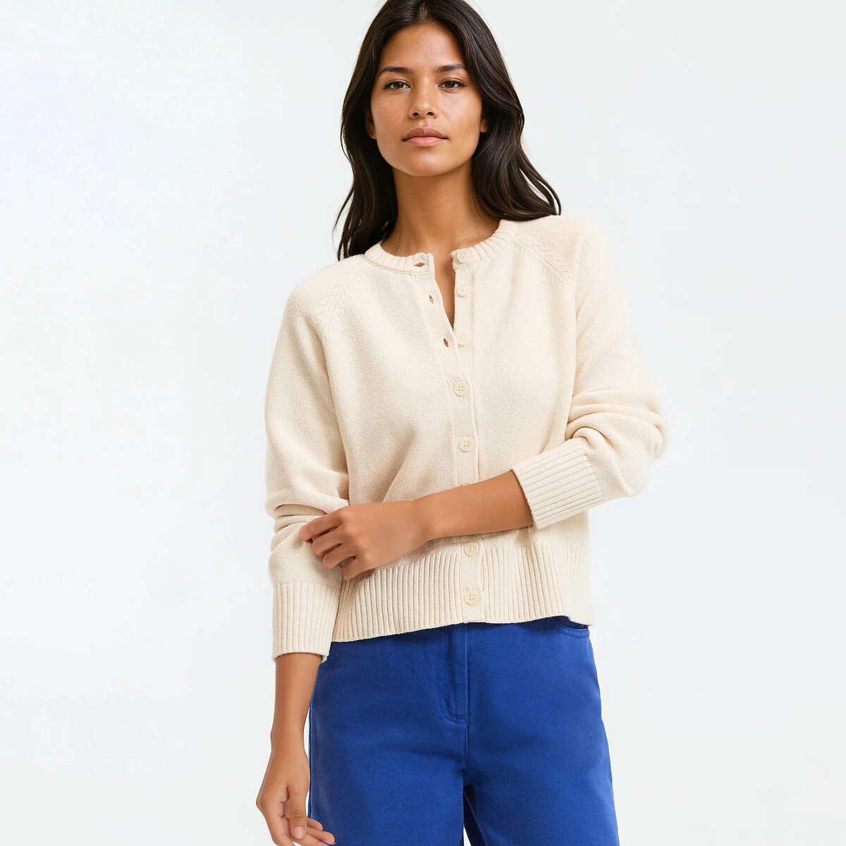 Cardigan court, col rond, en laine et coton mélangés, boutonné beige, LA REDOUTE COLLECTIONS