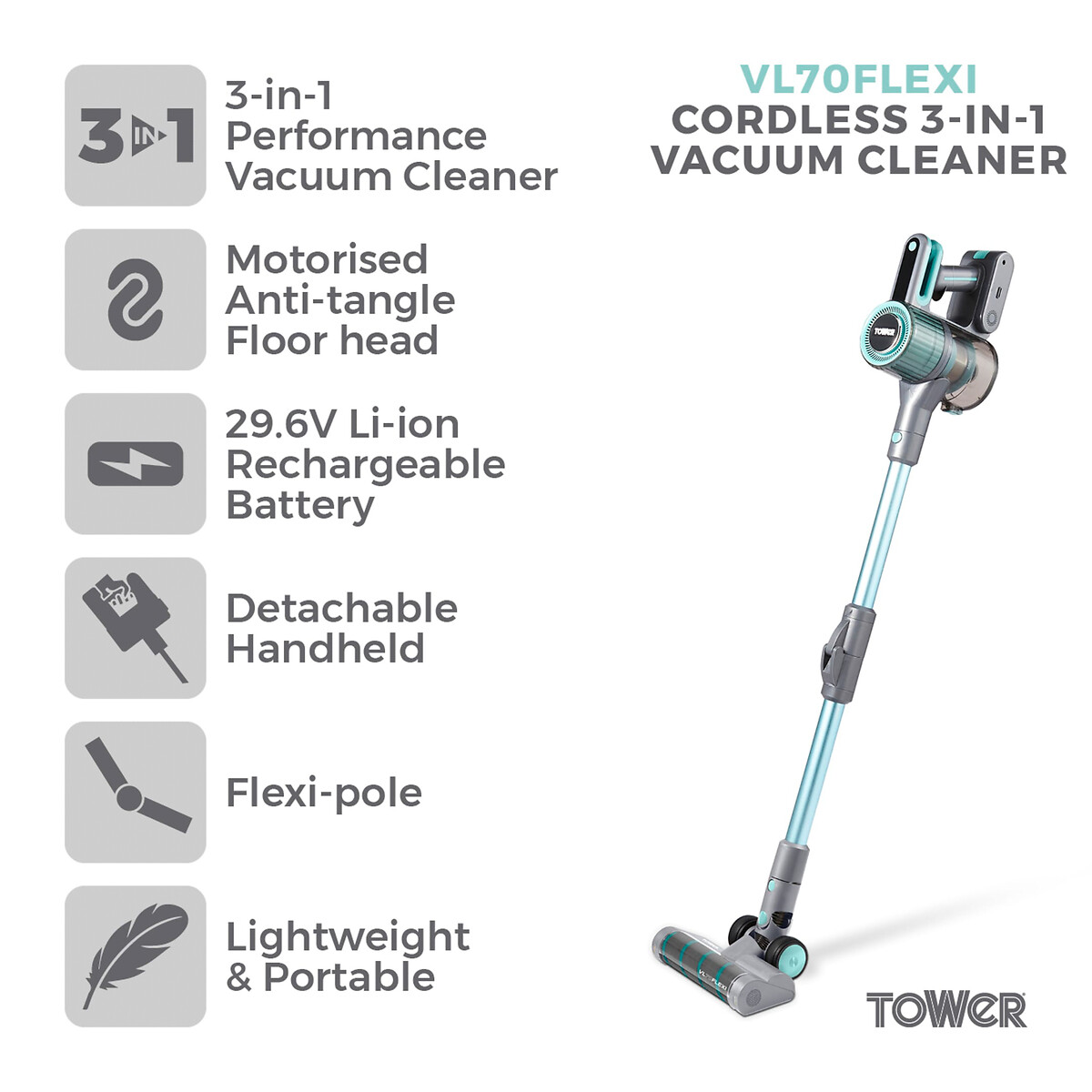 VL70 Flexi Cordless Anti Tangle Vacuum - T513011 blue, TOWER