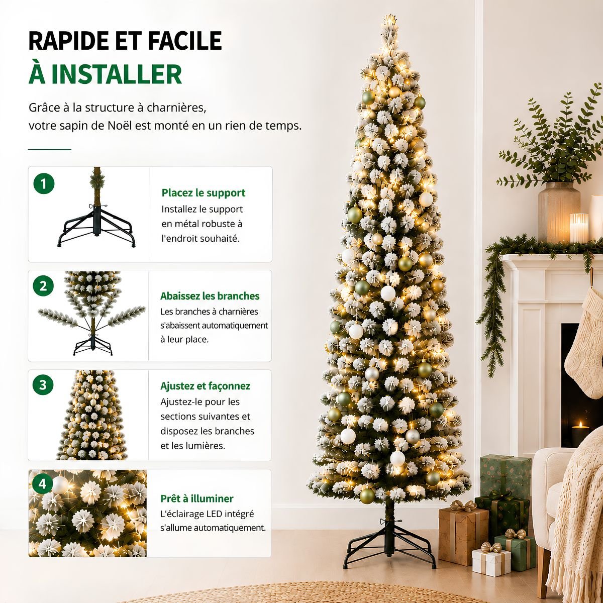 Sapin de Noël artificiel étroit et enneigé avec LED H230 cm CHARLTON vert, BLACK BOX TREES