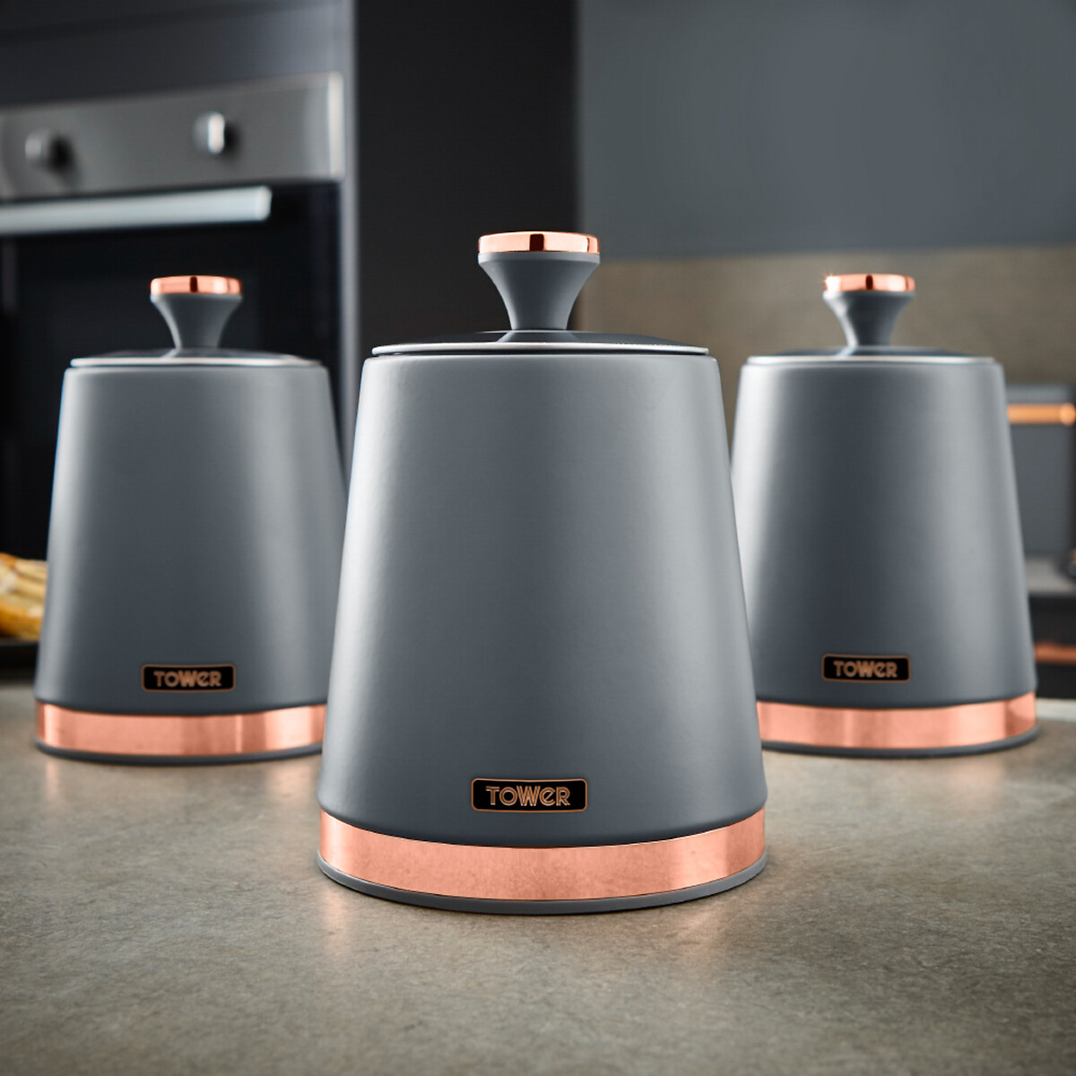 Set of 3 Cavaletto Tea Coffee Sugar Canisters grey, TOWER