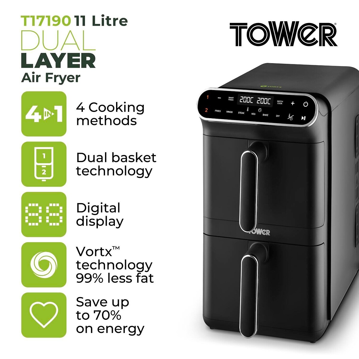 Vortx 11L Dual Layer Air Fryer - T17190 black, TOWER