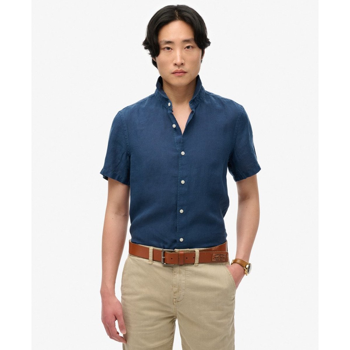 Chemise en lin à manches courtes Vacation bleu marine, SUPERDRY