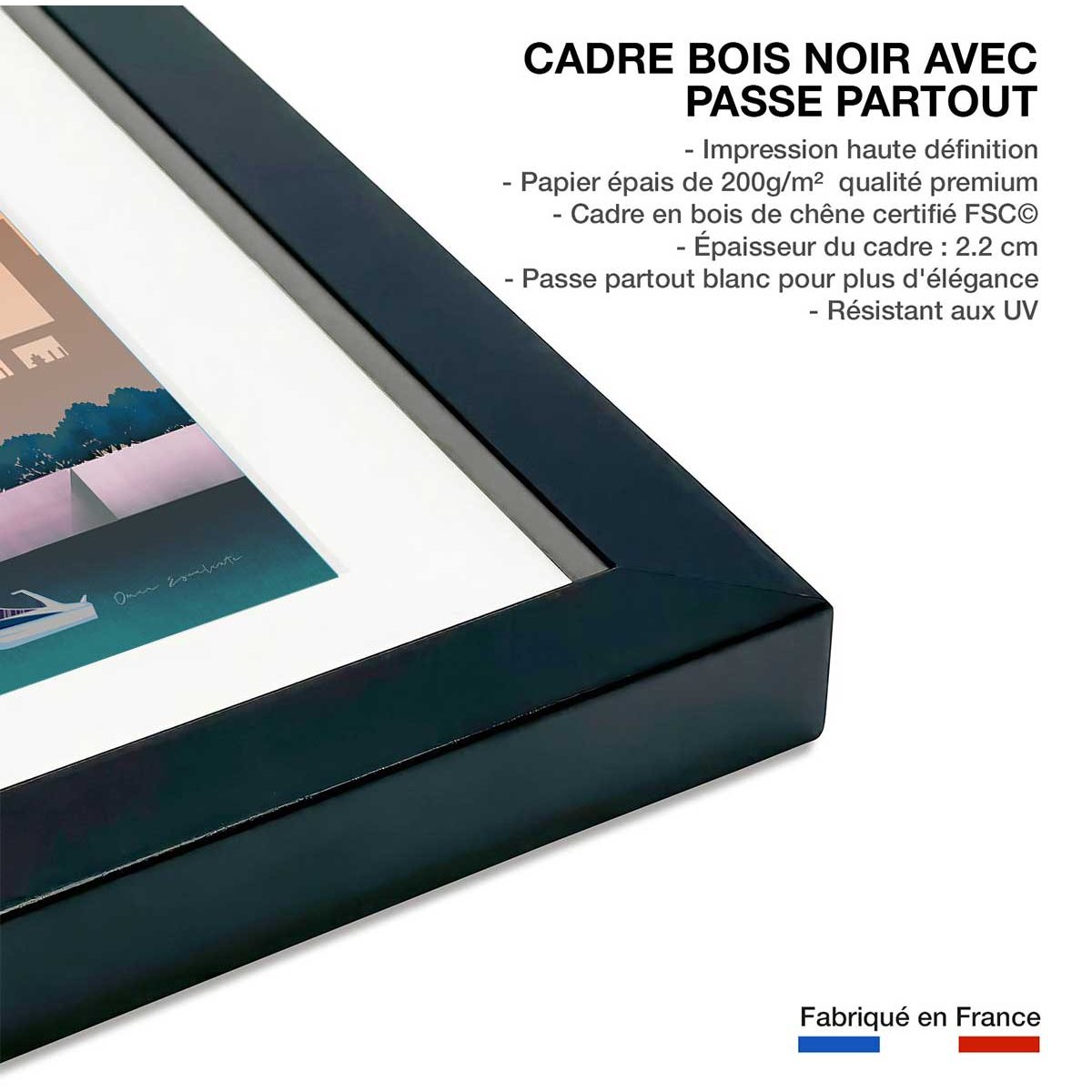 Affiche ville retro Paris France affiche + cadre en bois - noir, HEXOA