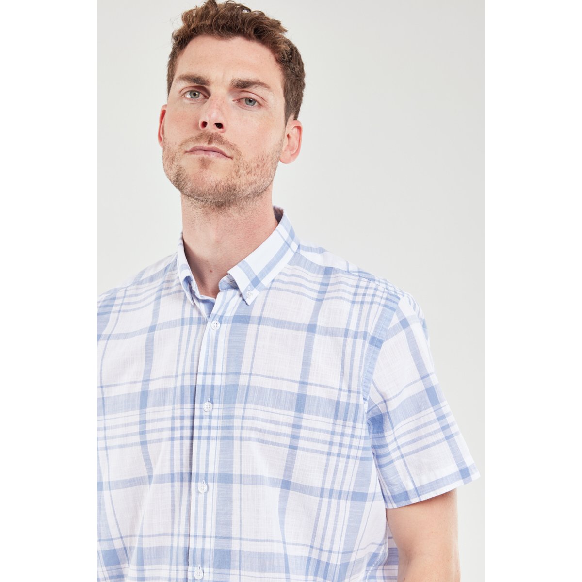 Chemise manches courtes en coton carreaux blue, ARMOR-LUX