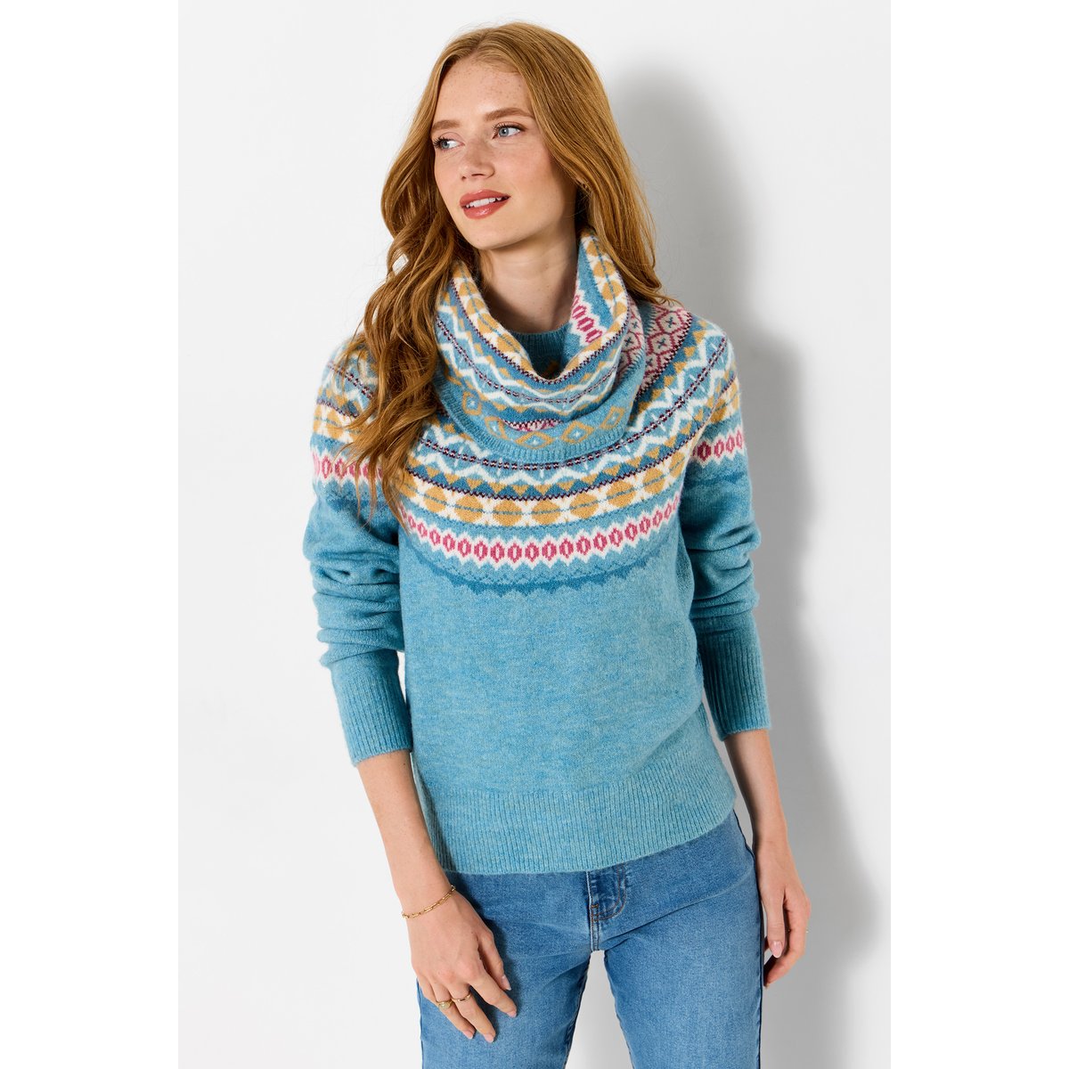 Fantastique Pull Fair Isle avec Snood Assorti bleu, JOE BROWNS
