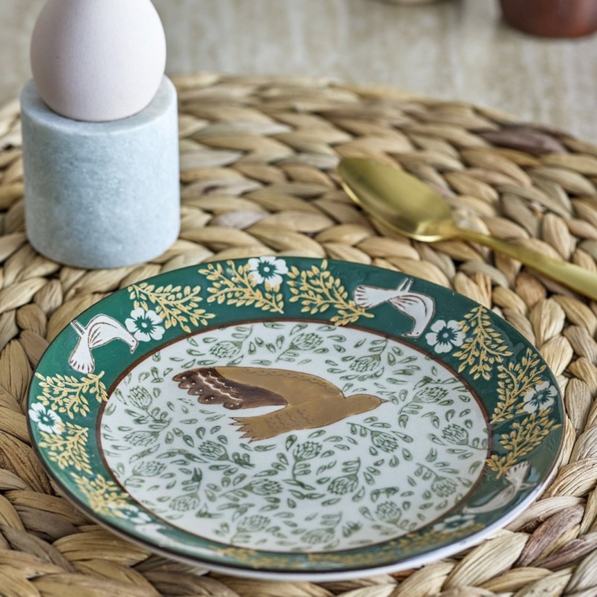 Petite assiette peinte oiseau colombe  HEZHA vert, BLOOMINGVILLE