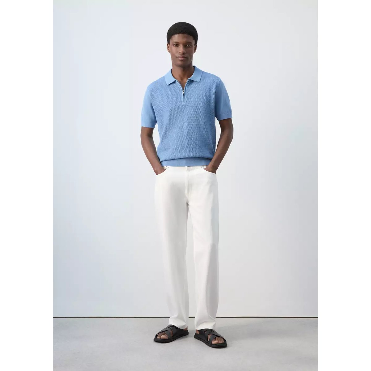 Polo 100 % coton maille structure bleu porcelaine, MANGO MAN