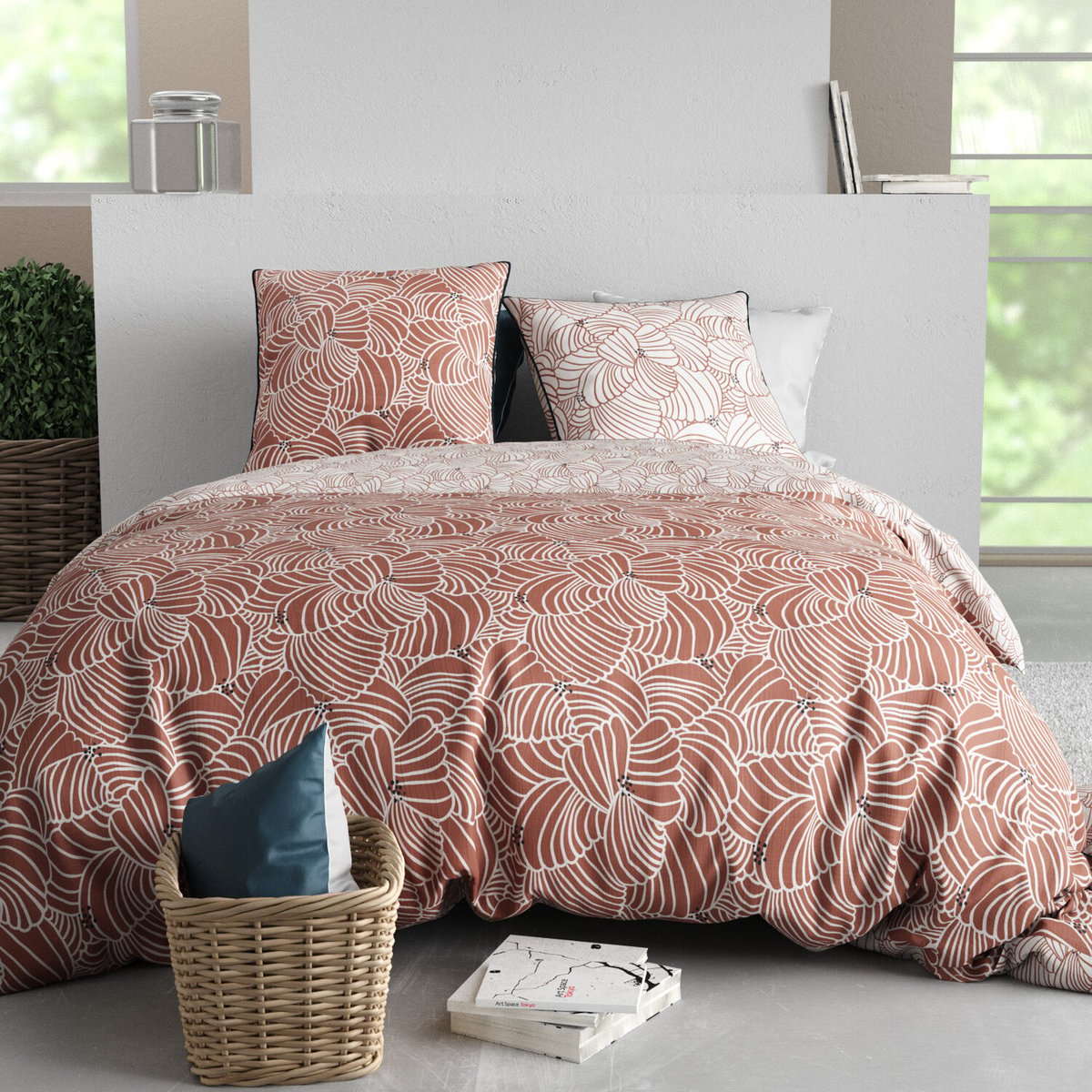 Parure housse de couette en coton imprimée, Mimosa blanc, C DESIGN HOME TEXTILE