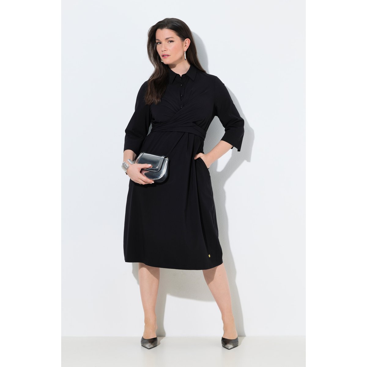 Robe midi effet drapé noir, ULLA POPKEN
