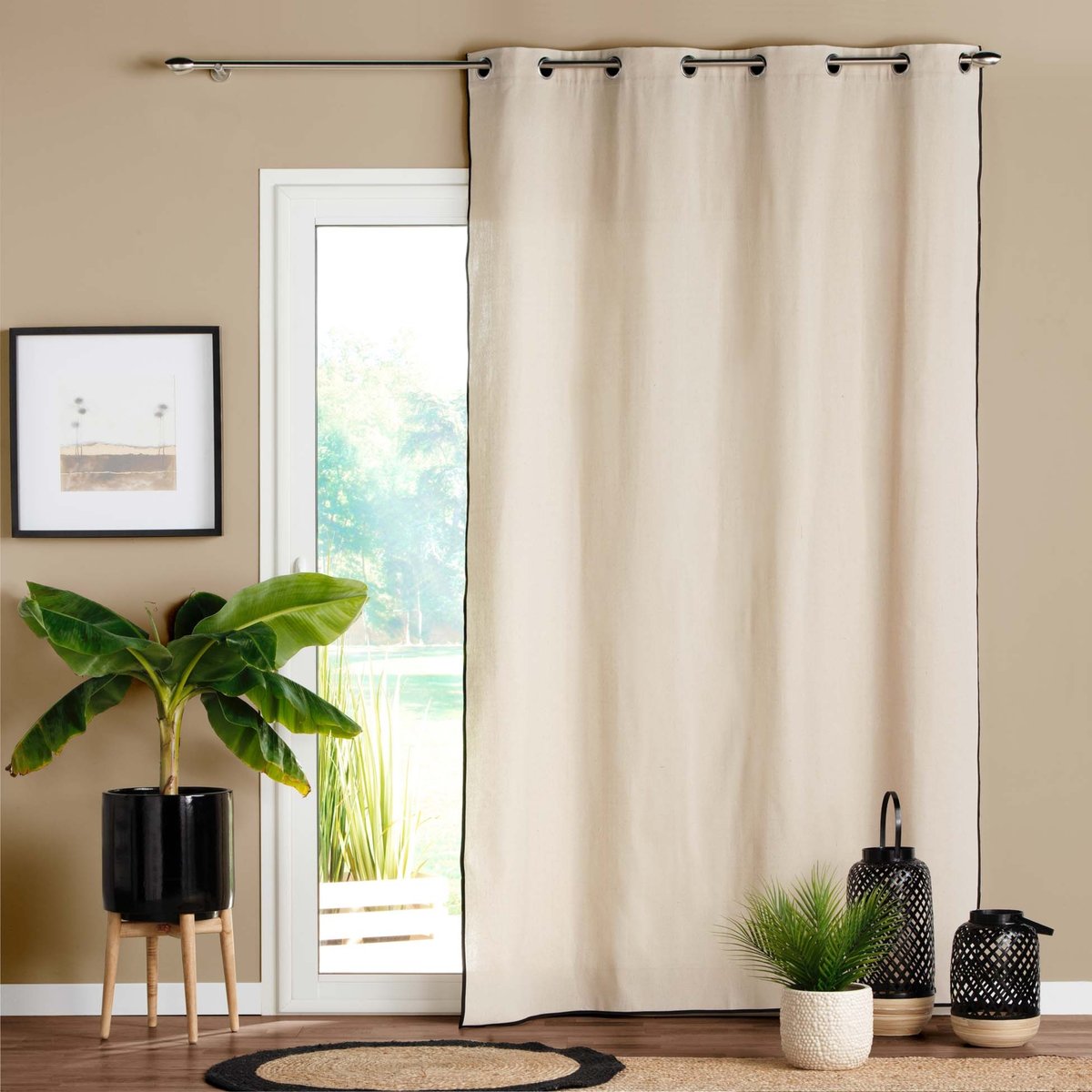 Rideau biais noir en polycoton ecru, DOUCEUR D'INTÉRIEUR
