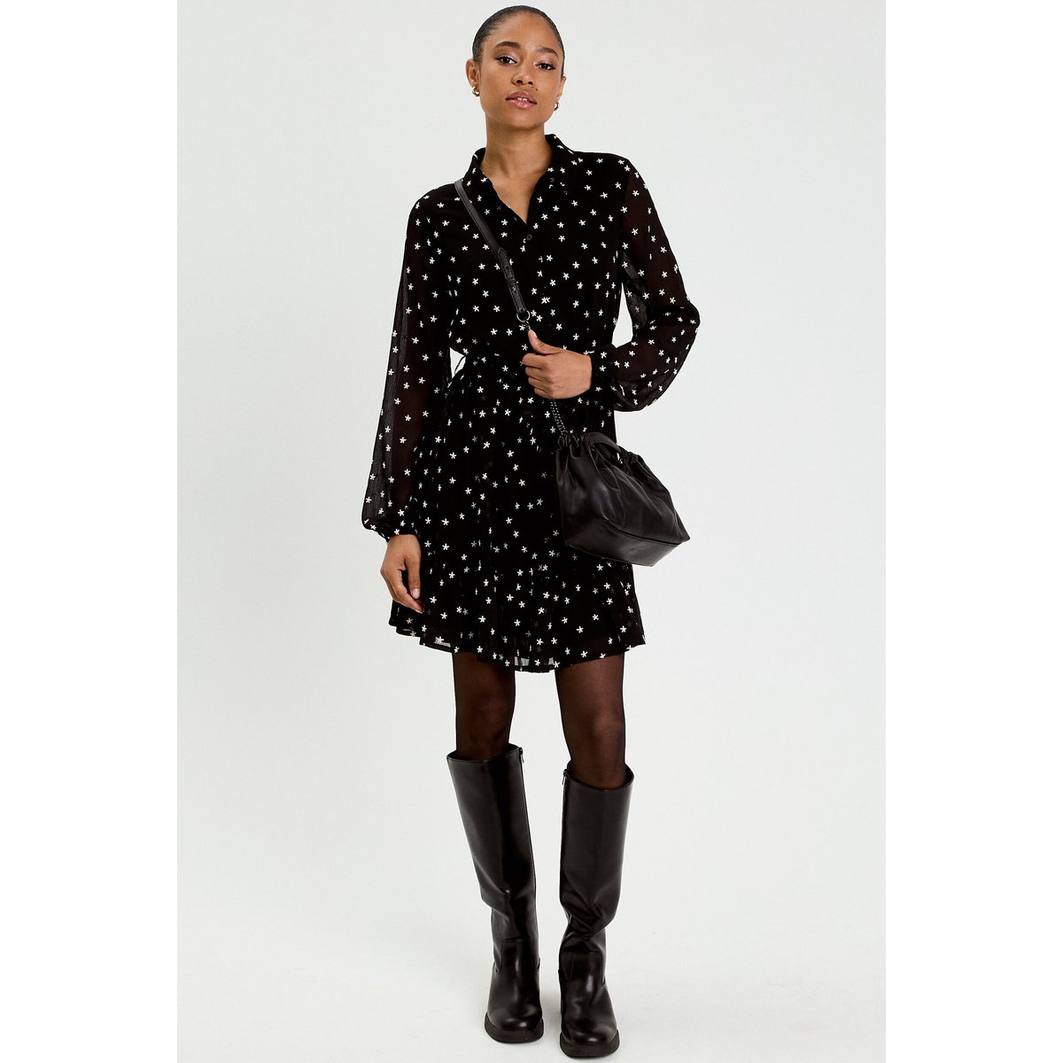 Robe brodée évasée manches longues noir, CACHE CACHE