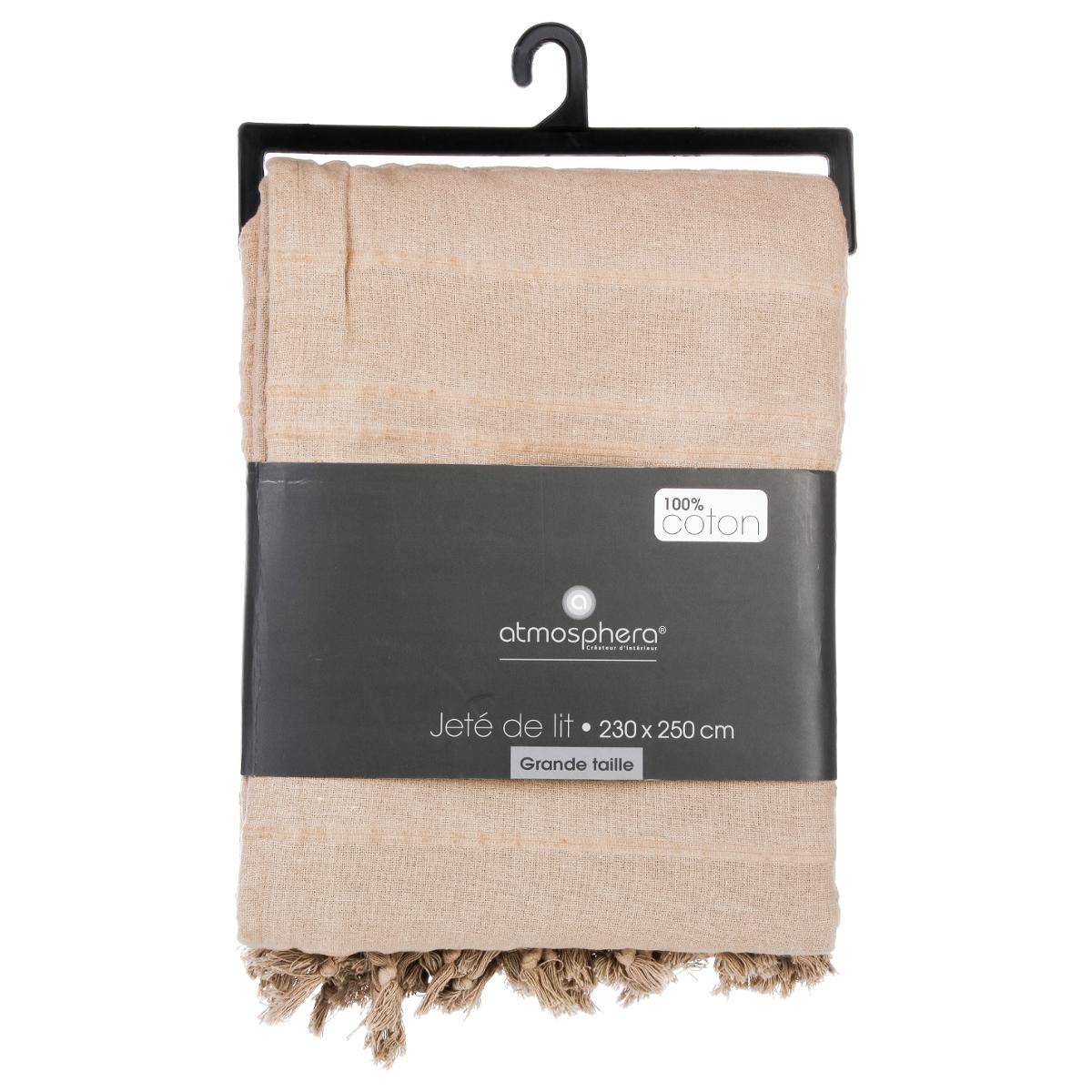 Jeté de lit en coton à franges ANJALI beige, ATMOSPHERA